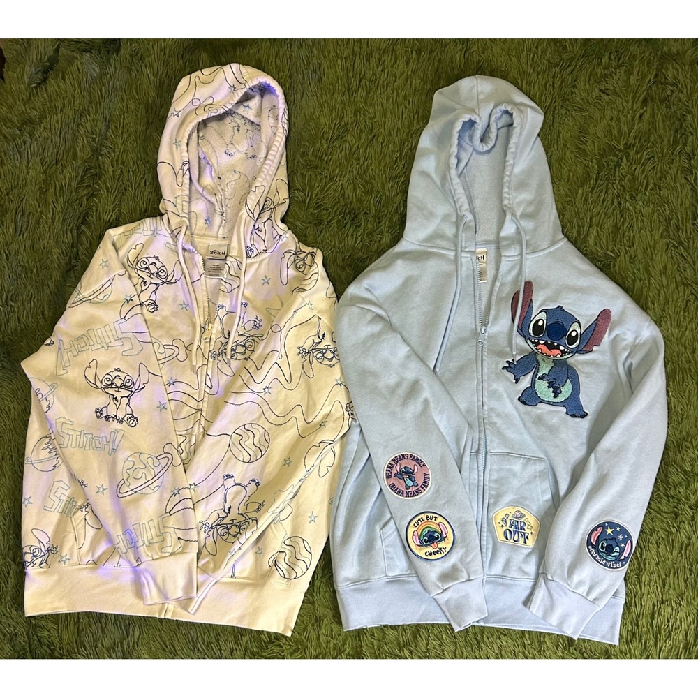Disney Stitch Hoodie Bundle Kids M Embroidered Zip‎ Up 2pc Set Graphic Fleece